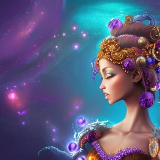 beautiful woman with gems in her hair and gems on her gown