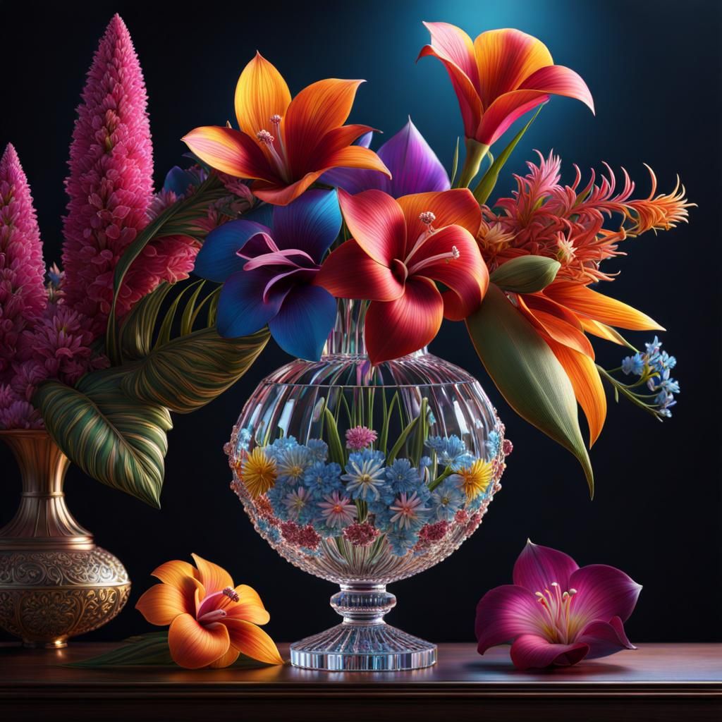 Still Life of A Colorful bouquet of exotic flowers 