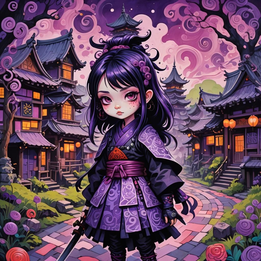 Cute Goth Samurai Girl in a Candyland Wonderland