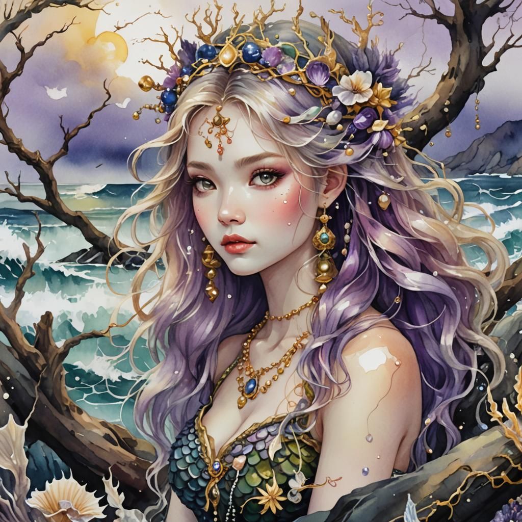 Mermaid on Stormy Island in Watercolor Style