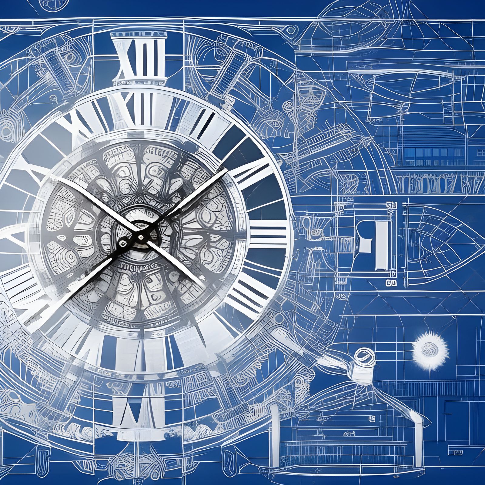 Blueprint sketch of a mechanical clock AI Generated Artwork