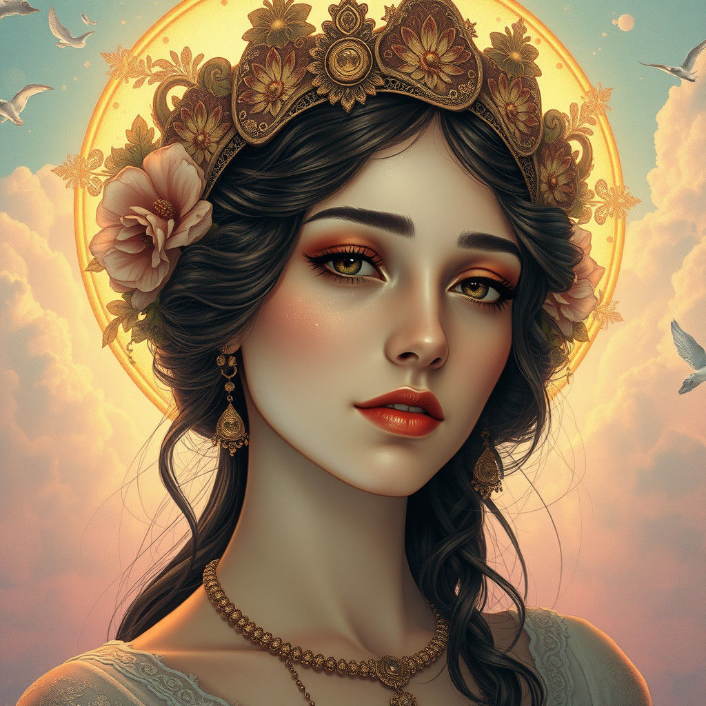 Ethereal Woman with Tears and Art Nouveau Headdress