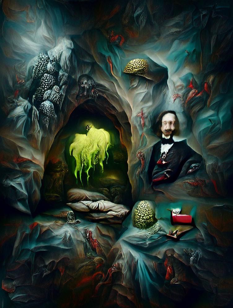 Dimmly lit cave with a creature huddled in the darkness, gre...