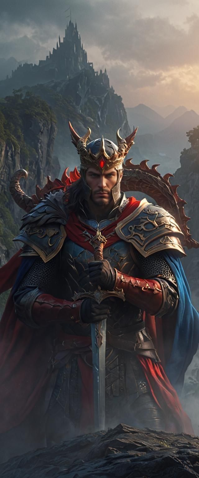 Prince adorned in armor with a Draconic crown and red cape. He wields a sword and looks onward, detailed matte painting, deep color...