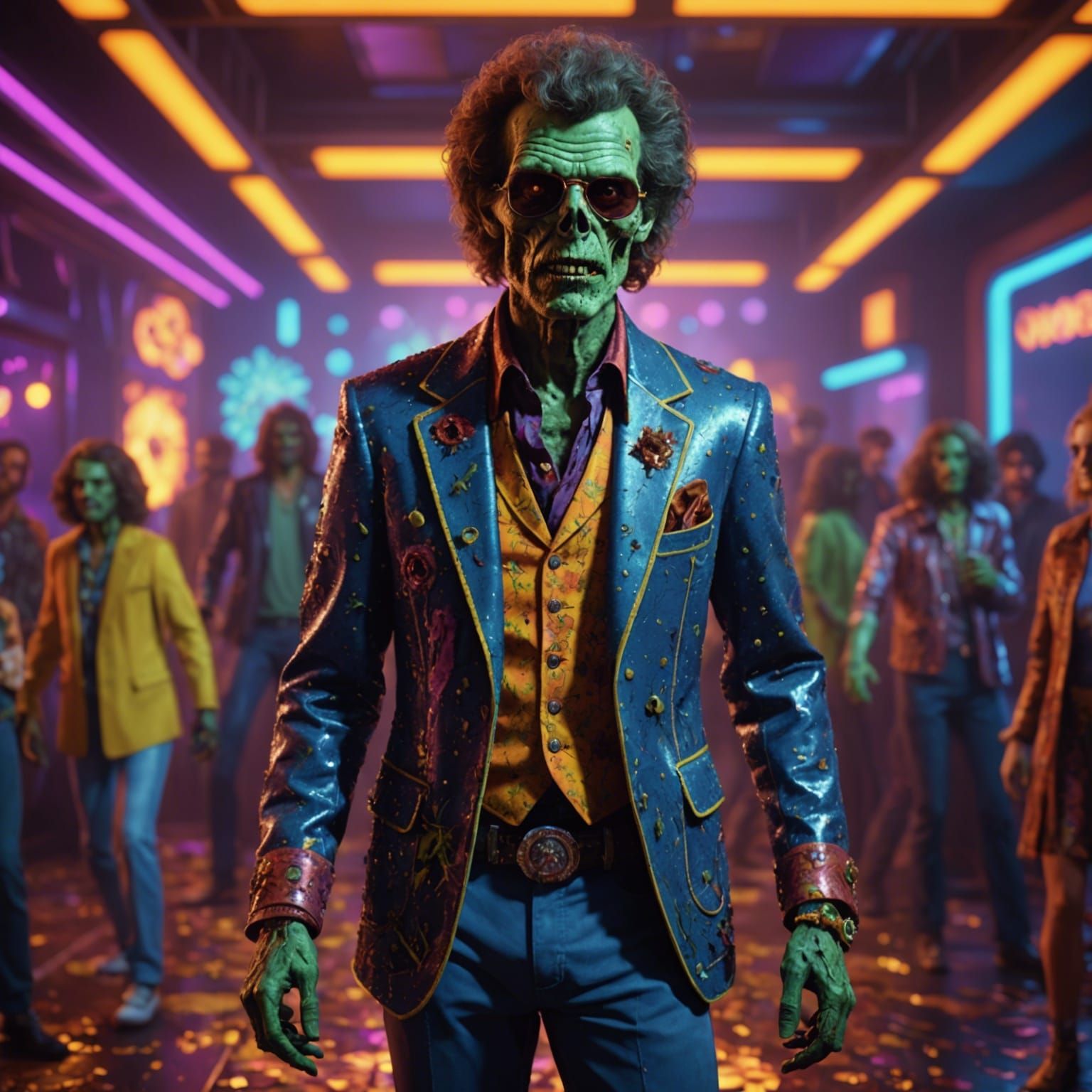 zombie wearing 70's attire in a disco