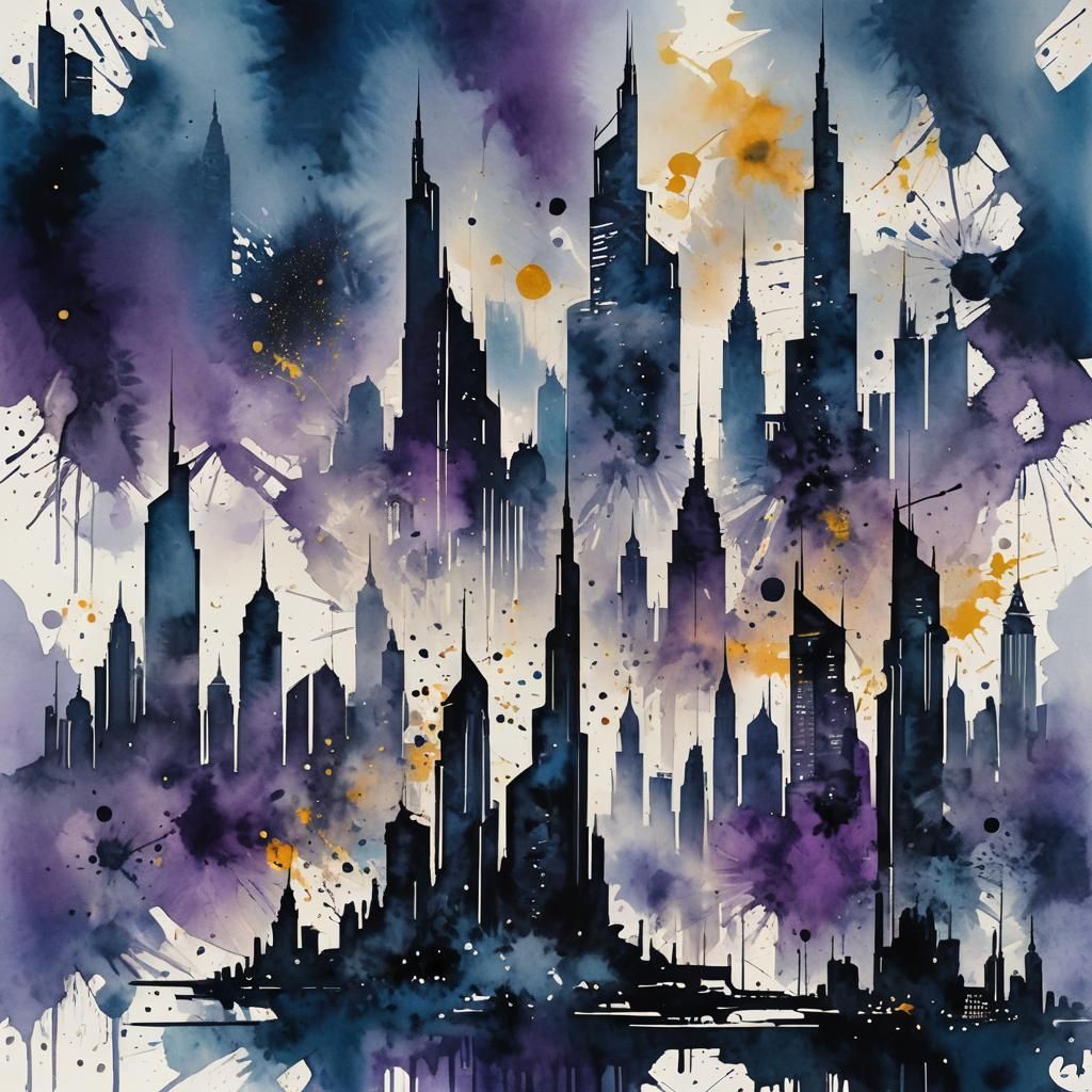 Dubai Skyline in Monochromatic Watercolor Ink Splatter