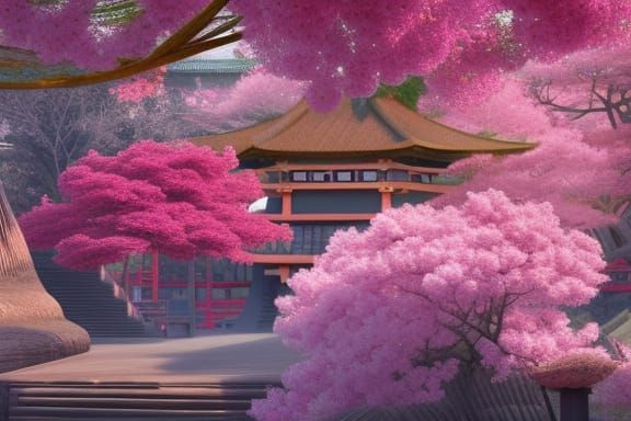 Hyperdetailed Japanese Temple in Sakura Tree