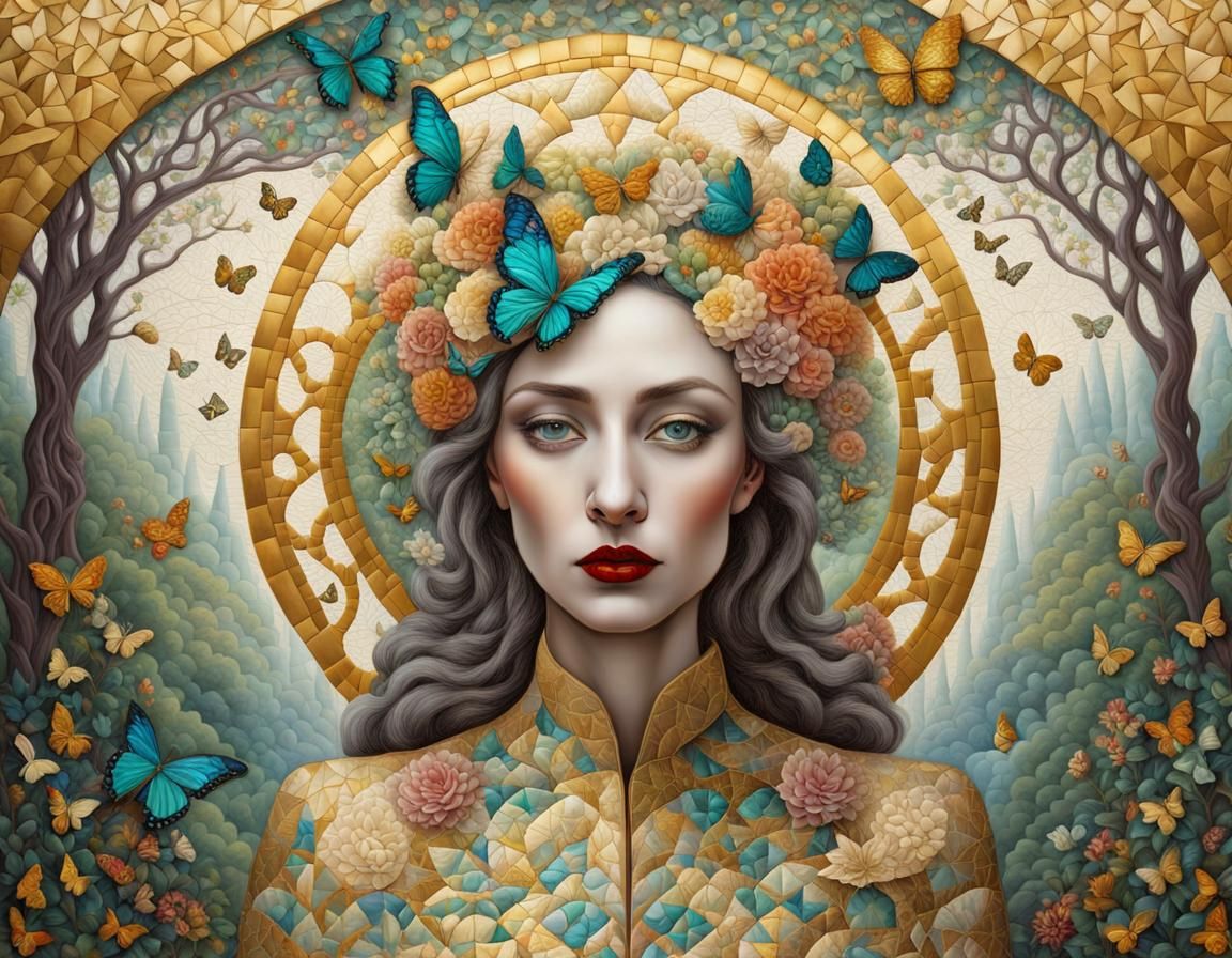 Quilted Mosaic of a Lady in a whimsical surreal floral fores...