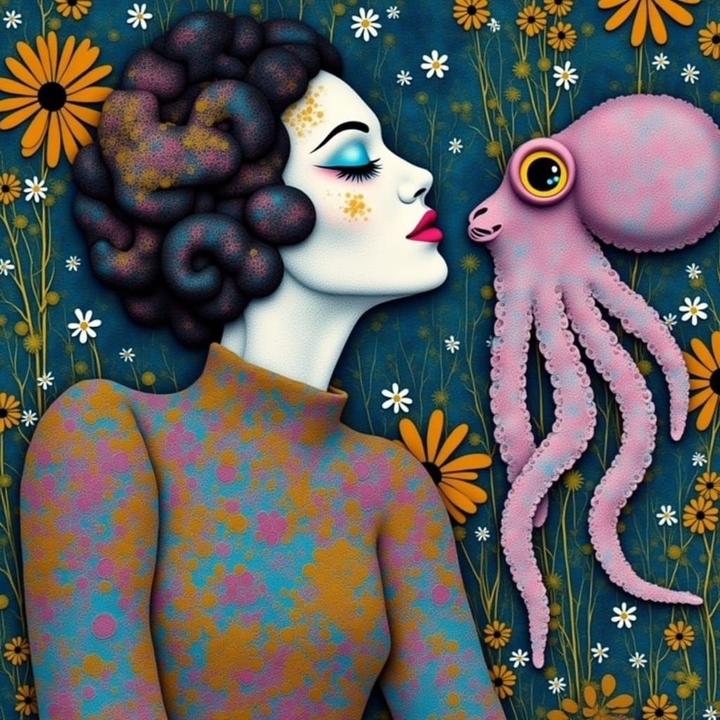 <lora:Gelliprint:1.0> A woman in the style of artist Klimt wears an outfit with peacock colors and has white face makeup, she is kissing oct...