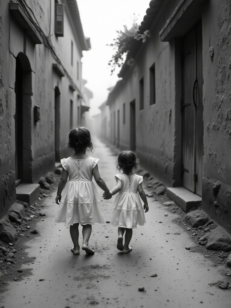 Children Hand-in-Hand on Rustic Path in Vintage Style
