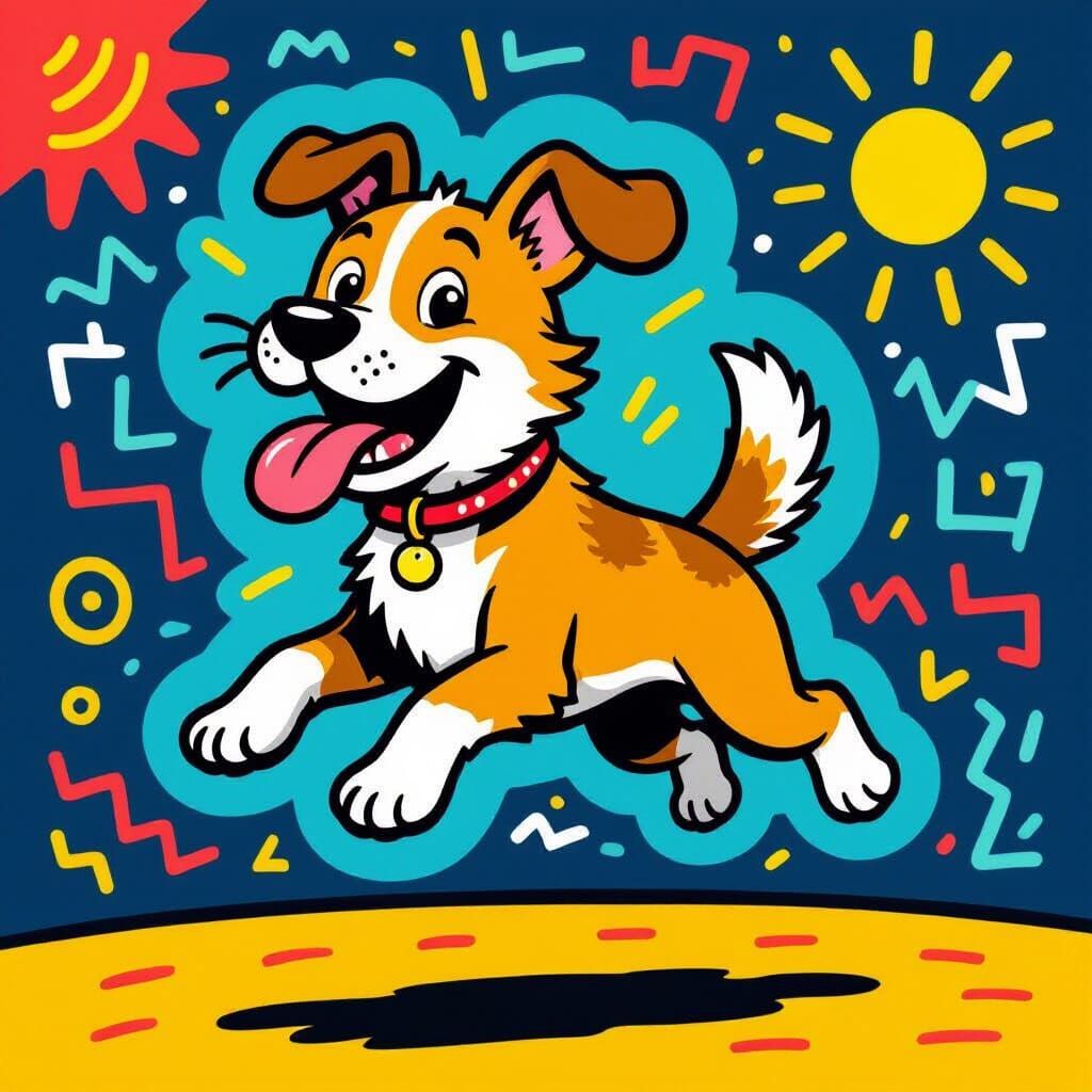 Joyful Leaping Dog in Abstract Graphic Style