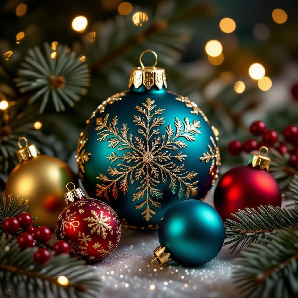 Ultra-detailed macro composition of luxurious Christmas ornaments arranged in a festive still life. A large central ornament, shimmering in ...