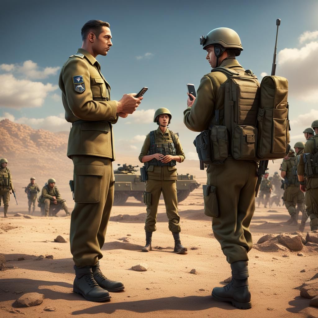 Realistic 3D drawing of a male Israeli army officer scolding...