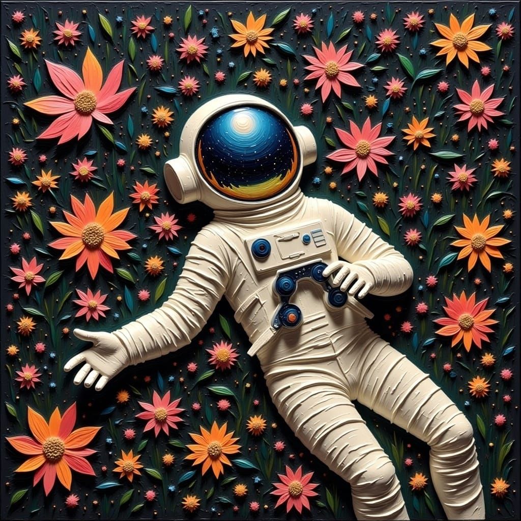 <lora:TexturedFlux:1.0>  An astronaut lying in a garden of flowers. The universe is reflected in the visor.