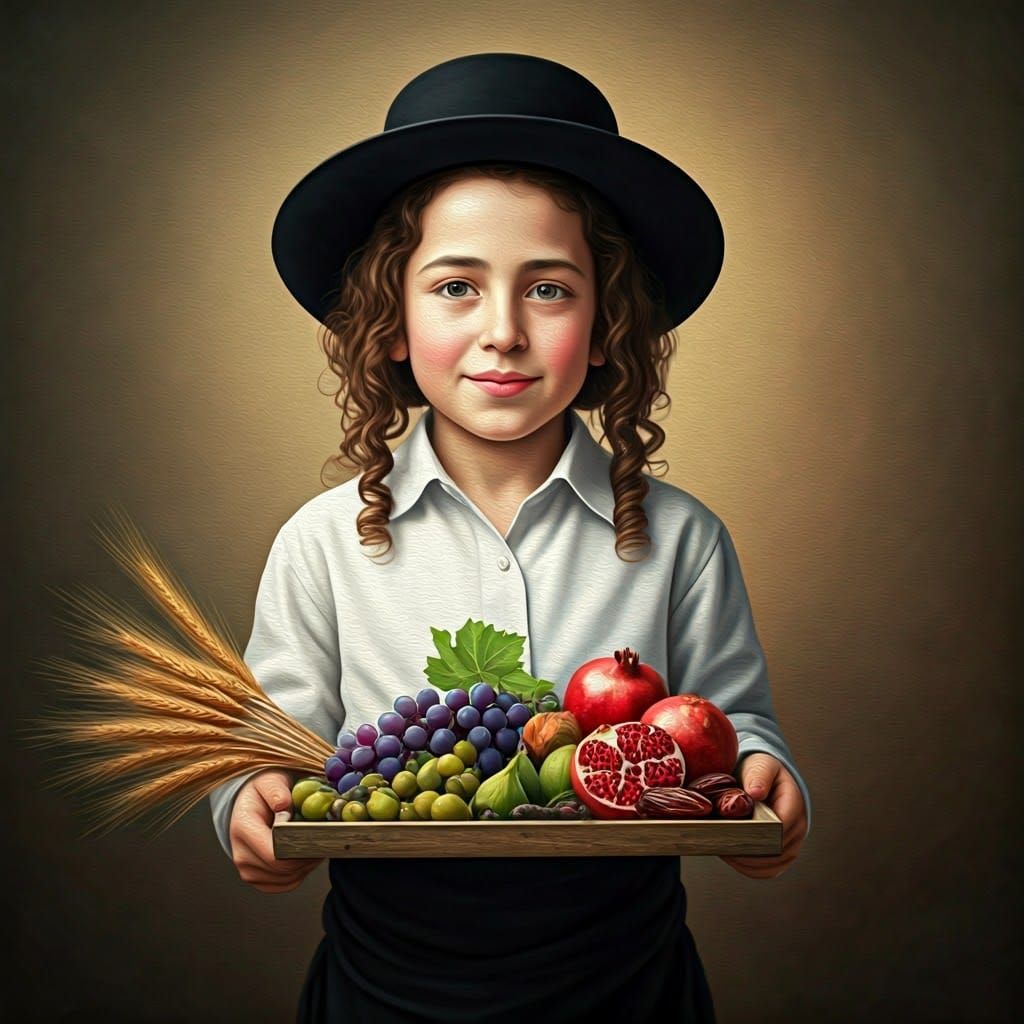 Young Hasidic Boy Holding Wooden Tray with Seven Species