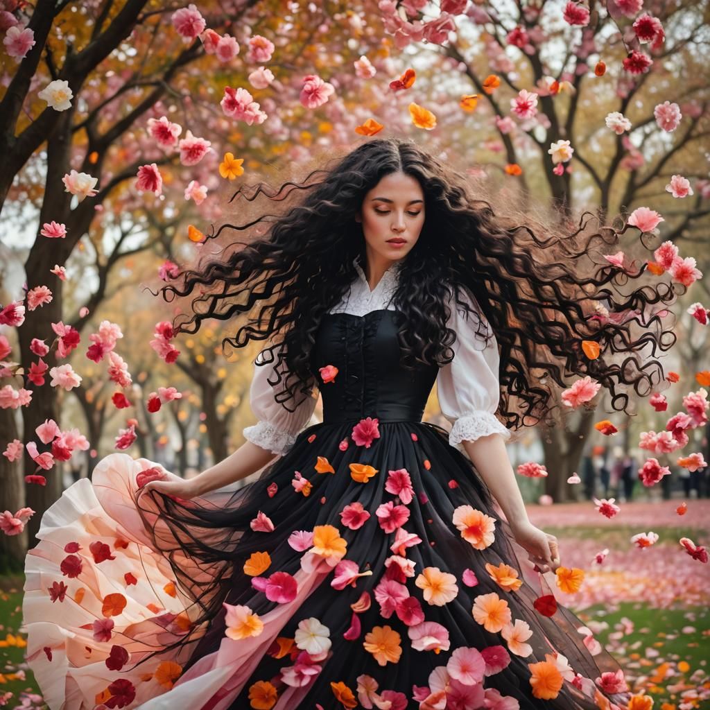 Woman with Flowing Hair and Petals in Wind