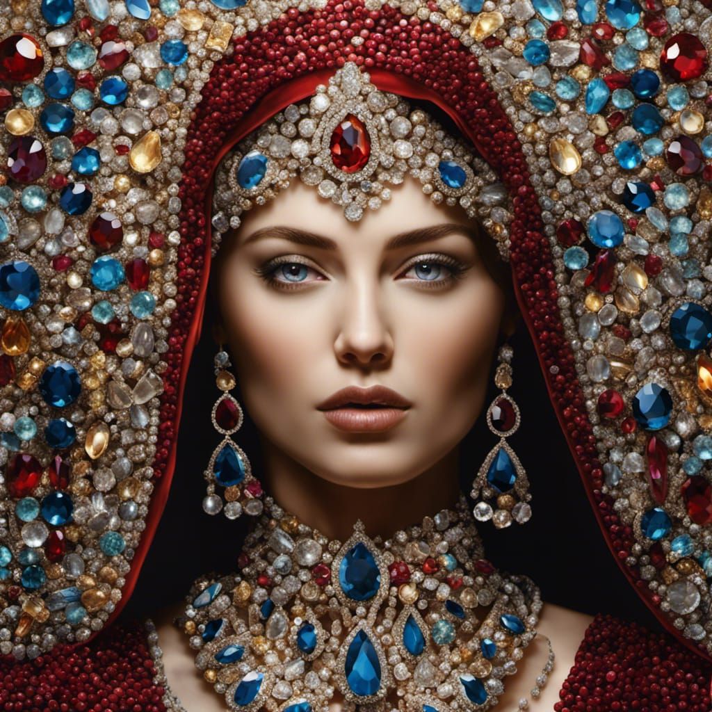 A mosiac portrait of a woman made from diamonds, jewels, gem...