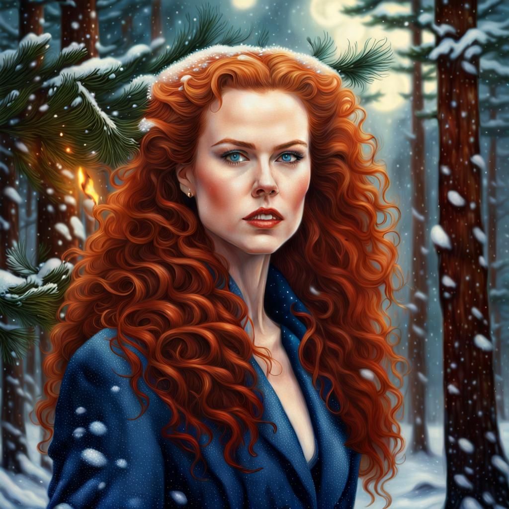 lovely young Nicole Kidman outdoors in a snowstorm. her eyes are ...