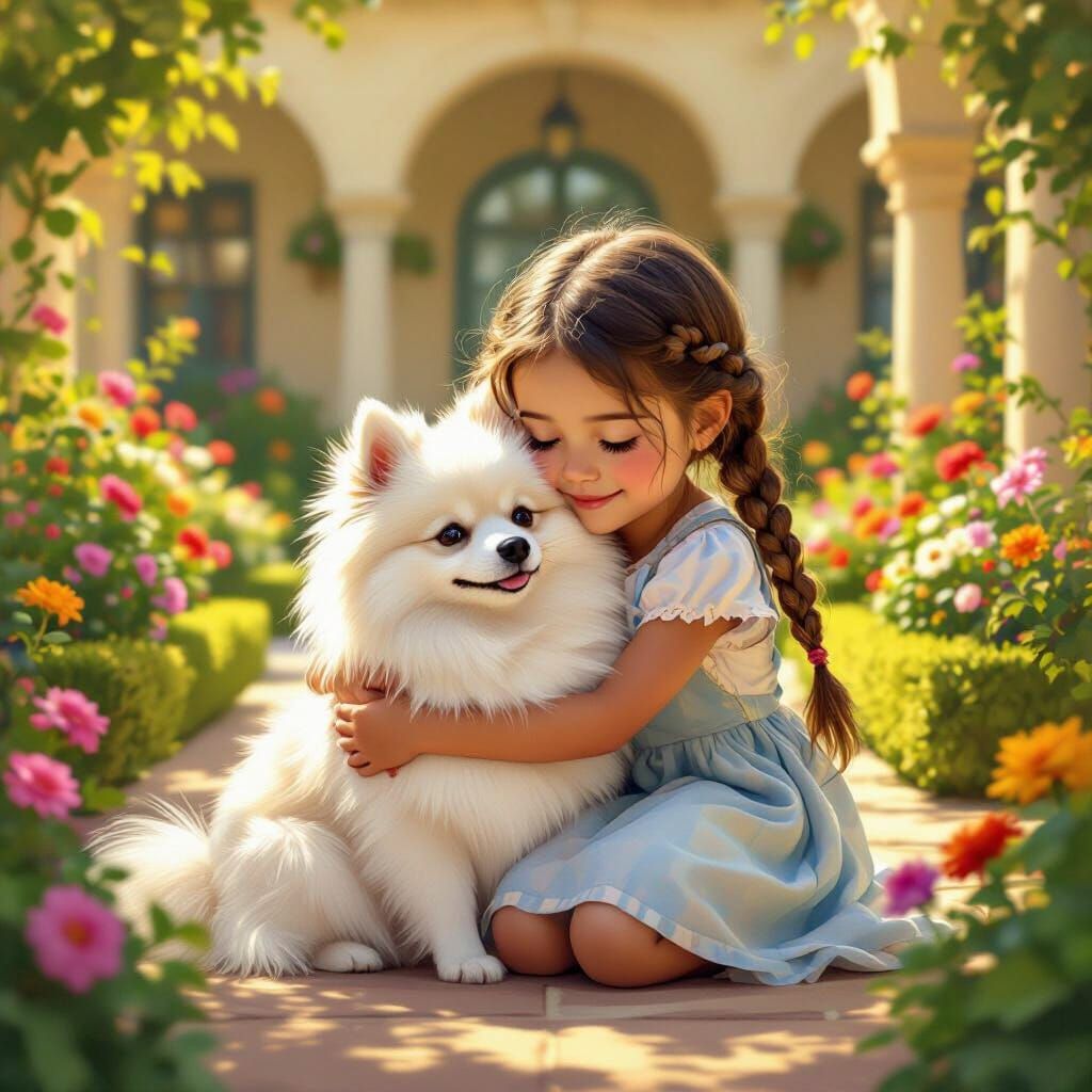 Girl Hugs White Pomeranian in Sunny Villa Courtyard