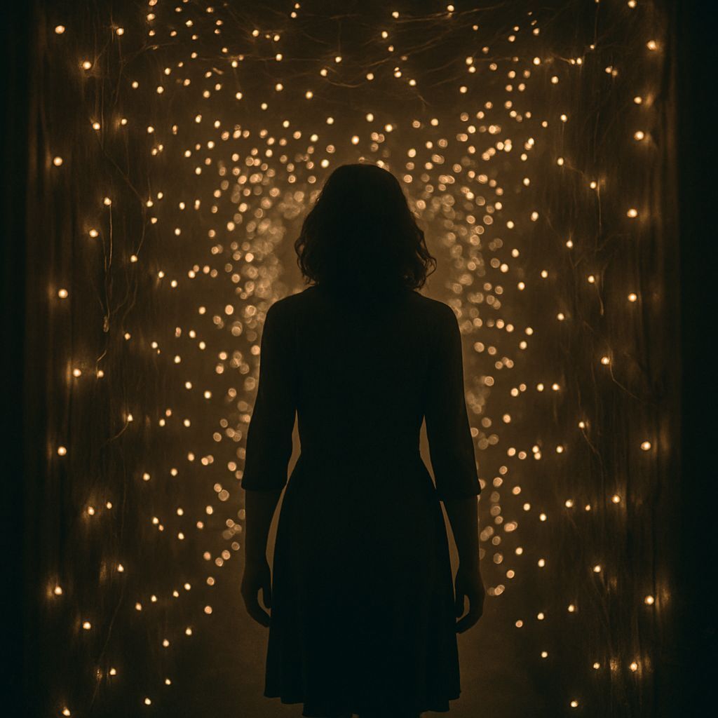 Life's Tangled Threads: A Woman's Struggle through Love, Pain, and Freedom walking through a hallway filled with tiny led lights that interc...