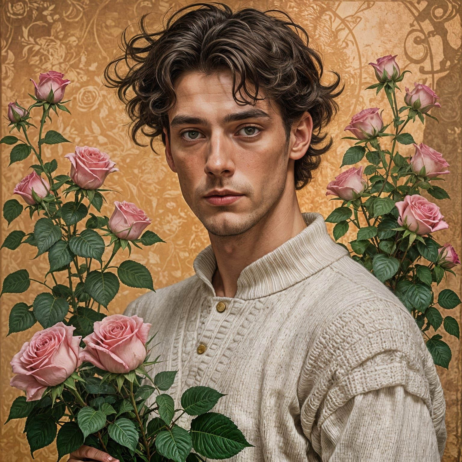 A handsome man and pink roses 