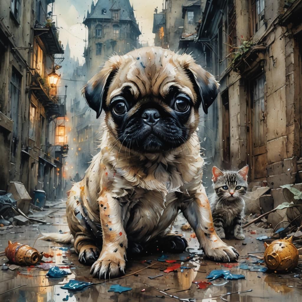 Pug Puppy & a Kitten