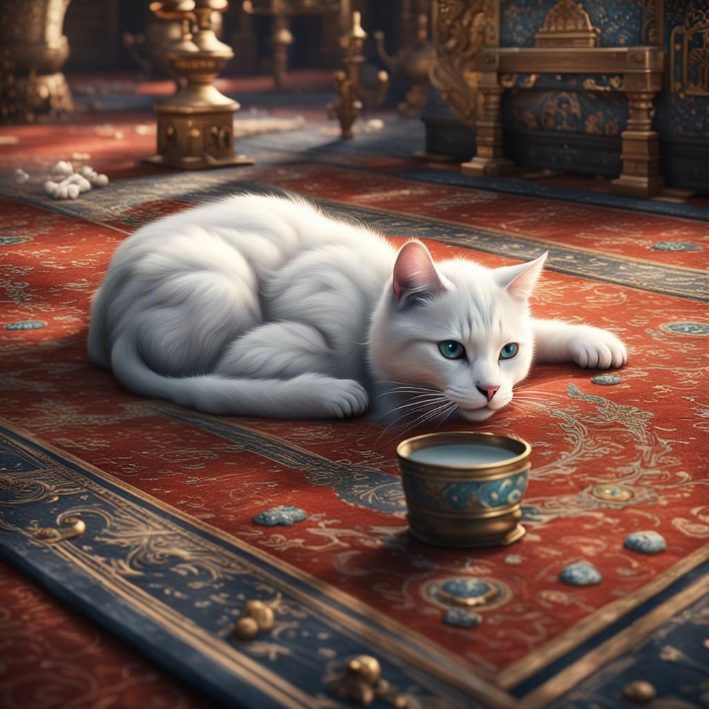 White Cat Drinks Milk: Detailed Matte Painting