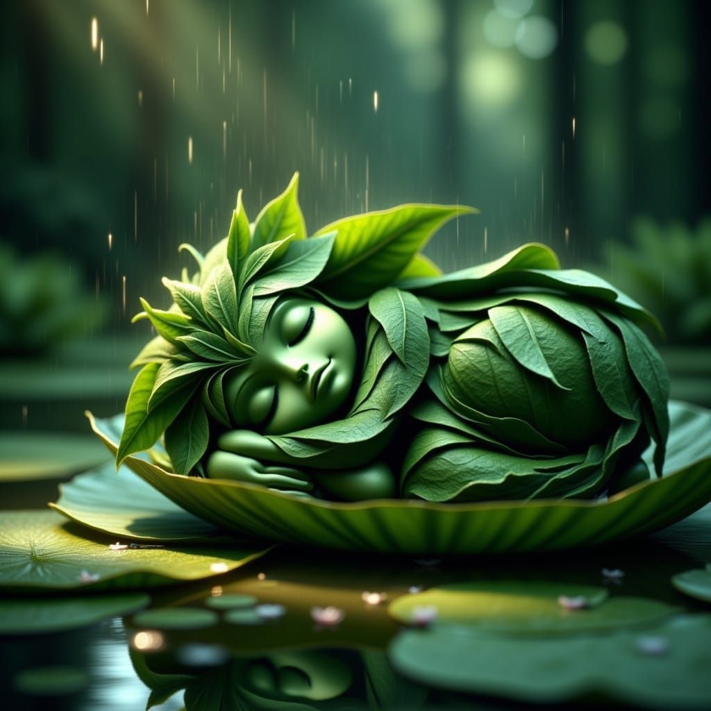 close up of an insanely cute fantasy baby-animal made of green leaves sleeping peacefuly snuggled up on a waterlilypad on a pond in an encha...