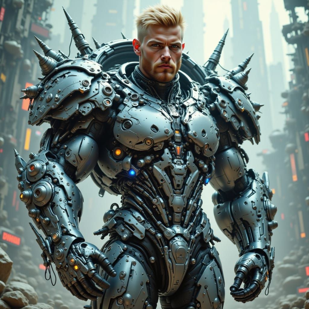 Handsome Fierce warrior in Mecha Tech Armor <lora:Mecha-Tech Armor:1.0>