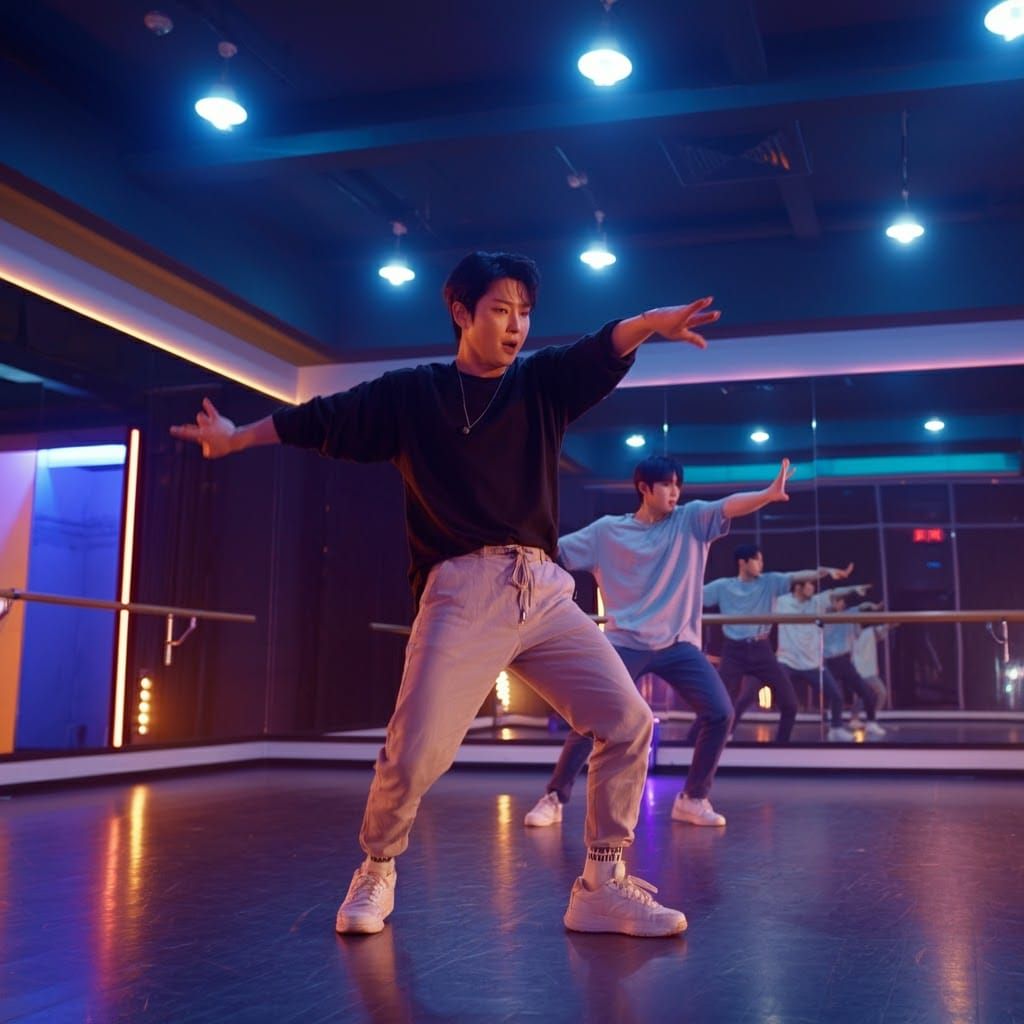 K-Pop "Jurassic Pop" boy band's choreography teacher, in a dance studio with mirrored walls and a  practice beam