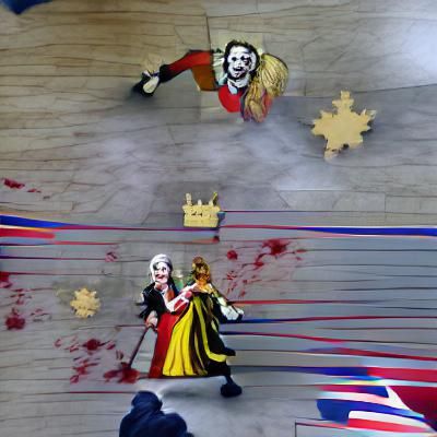 An Insane clown assassinating the queen of England.