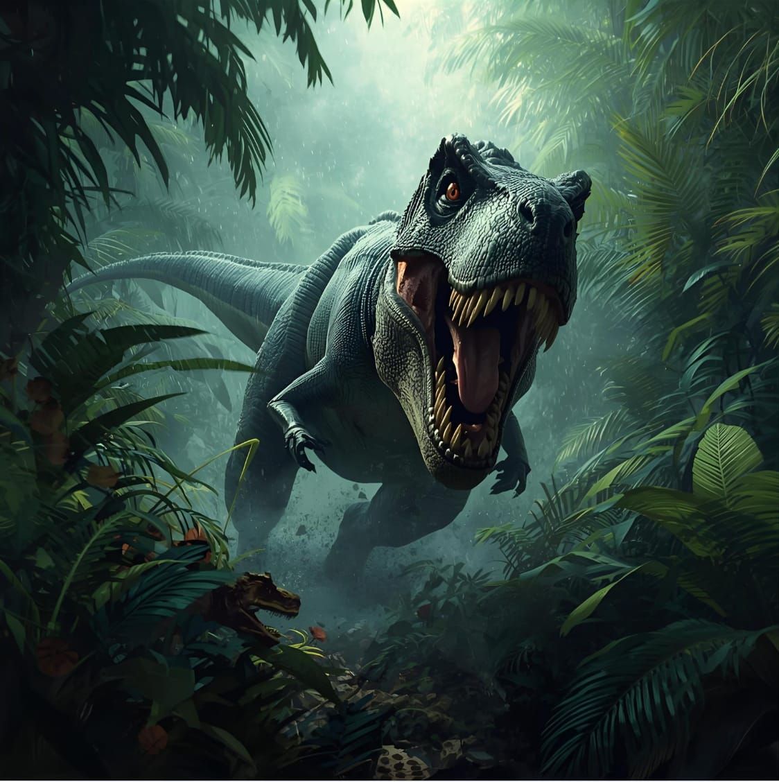 A great T-rex charging through the jungle.