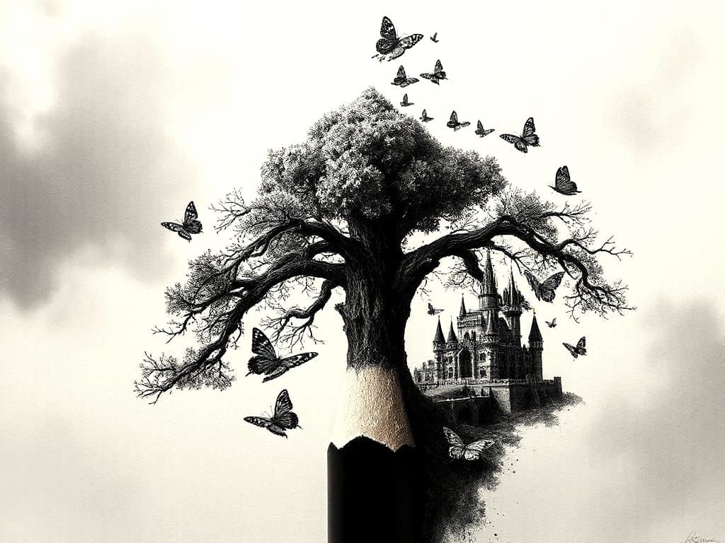 Pencil Metamorphous - A pencil transforming into a towering tree with branches of graphite A pencil transforming into a towering tree with b...