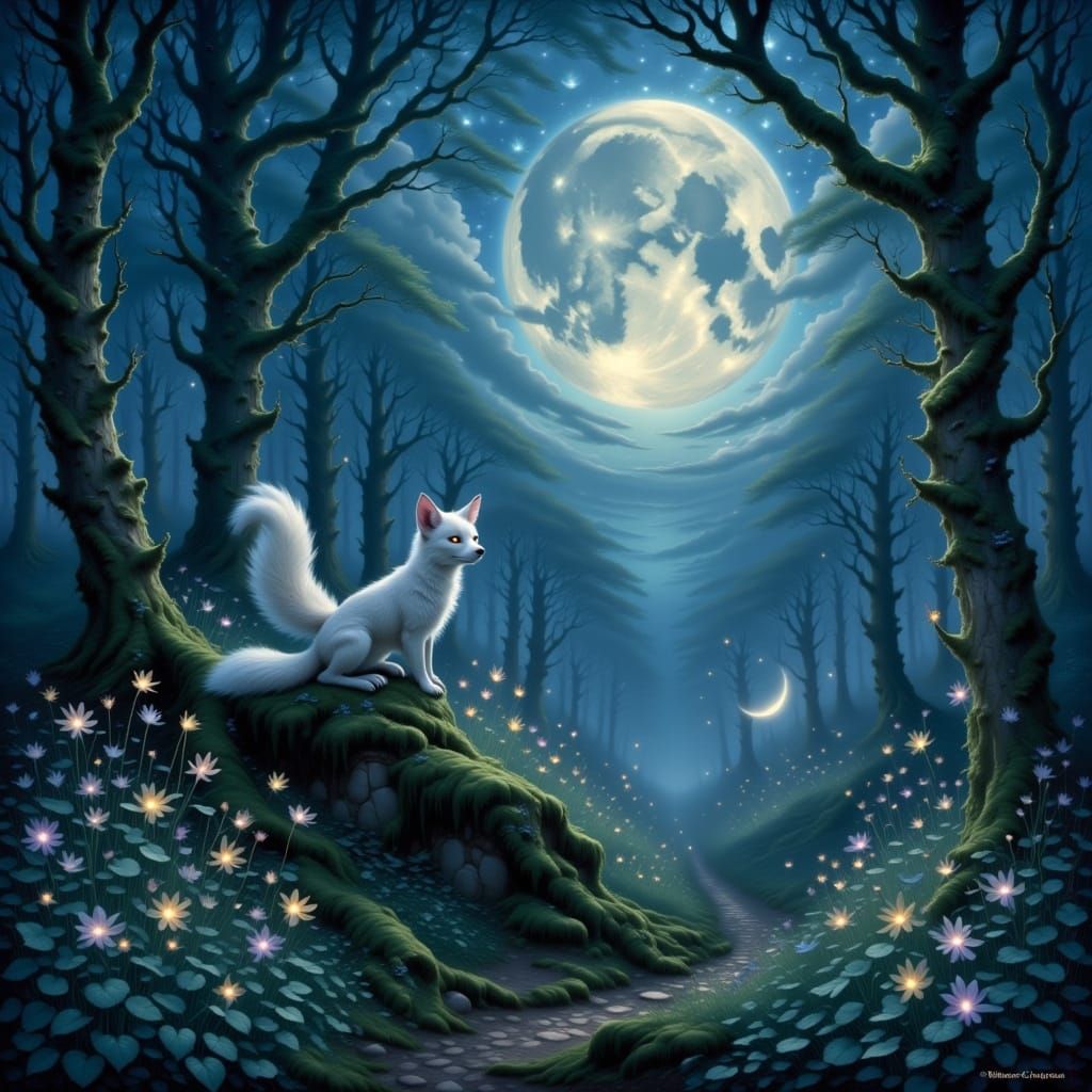 <lora:Faefortas FX:1.0> A small, mystical fox gazes at a moon veiled by clouds, bathed in soft, silvery light. Stars dot the indigo sky in a...