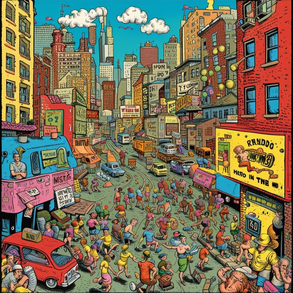 Hot time summer in the city, in the style of R. Crumb, color...
