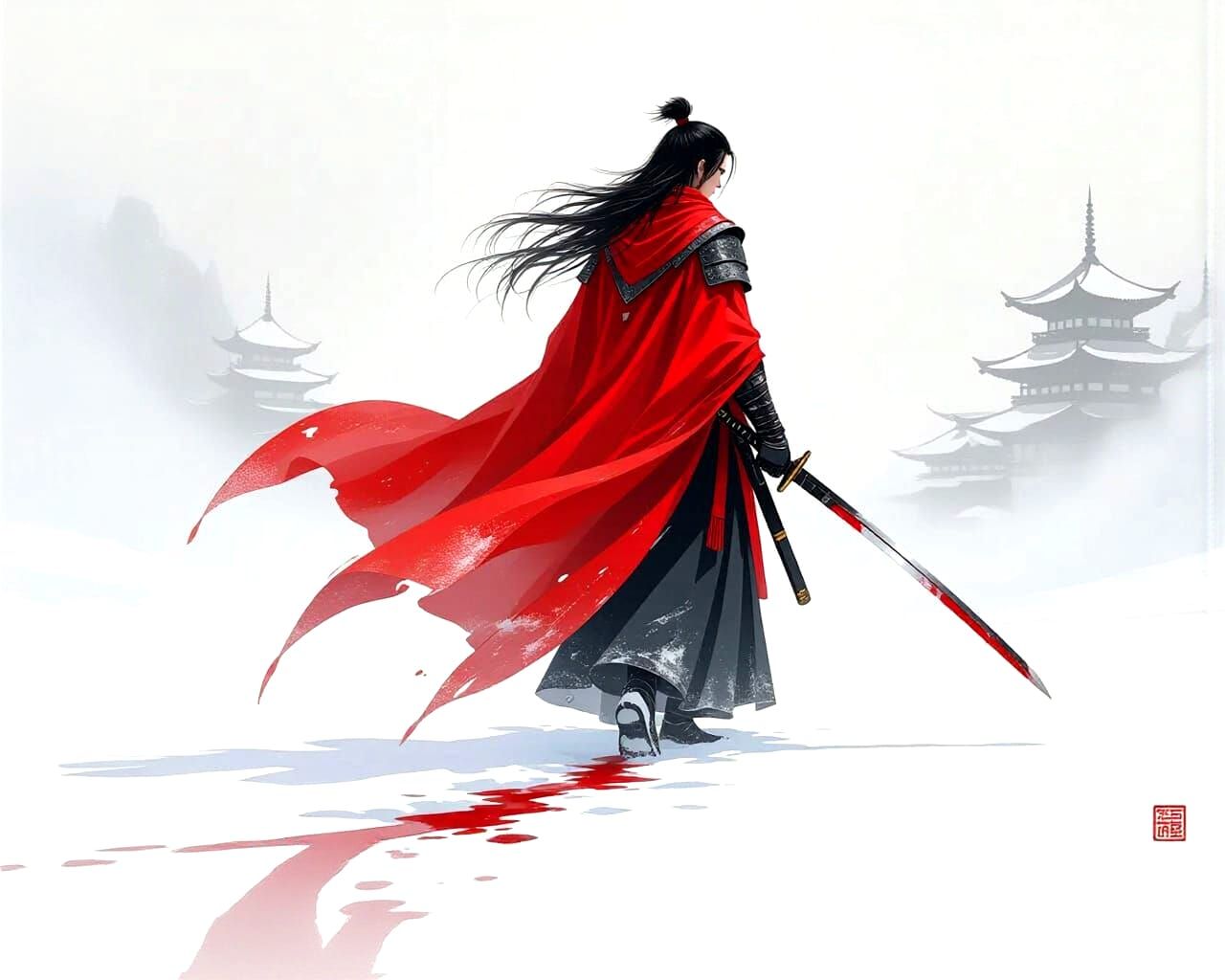 Soft, dreamy oil and watercolor painting, impressionistic brushstrokes, a samurai wearing a long trailing ...  by @AutumnBear