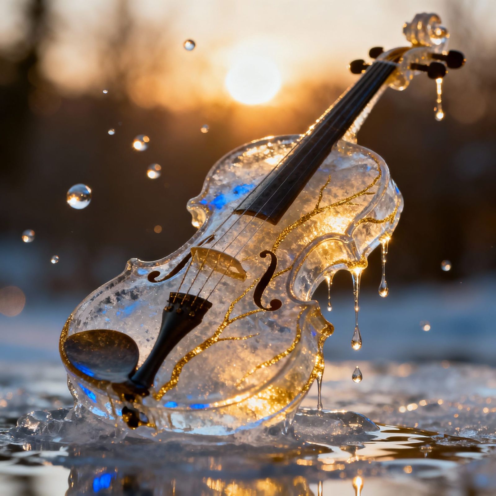 Melting Ice Violin with Gold Veins in Sunlight