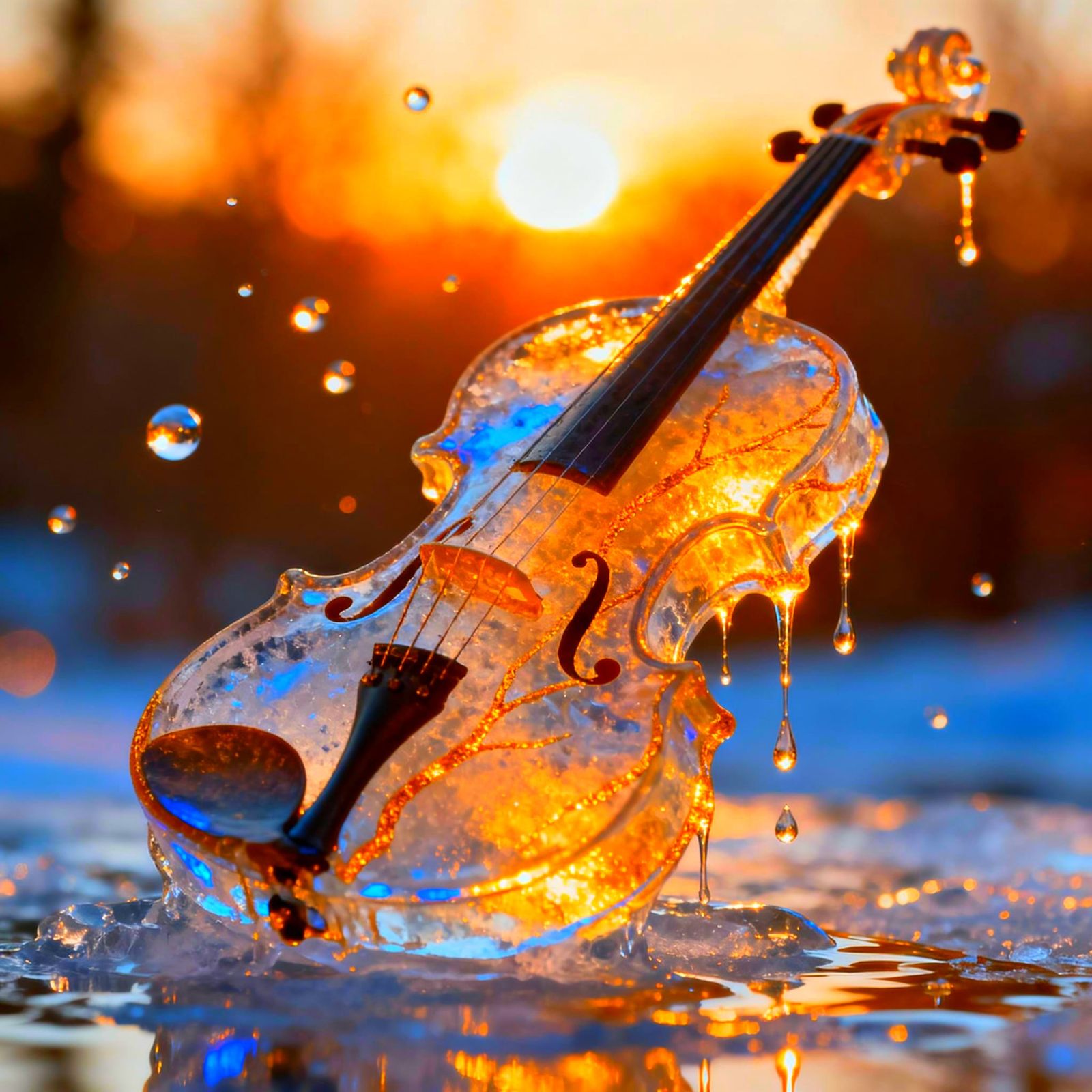 Melting Ice Violin with Gold Veins in Sunlight