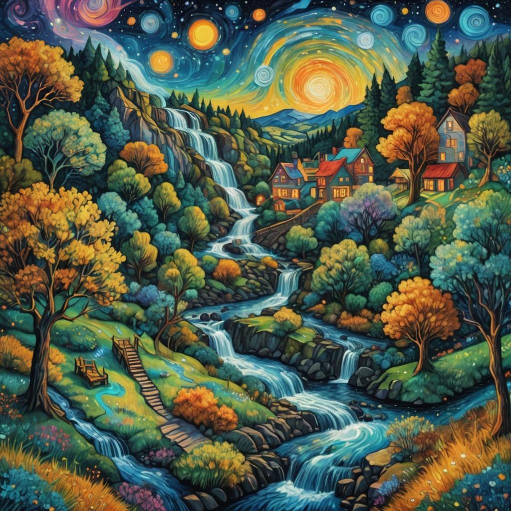Cosmic Astral Illustration: Man, Trees, and Stream