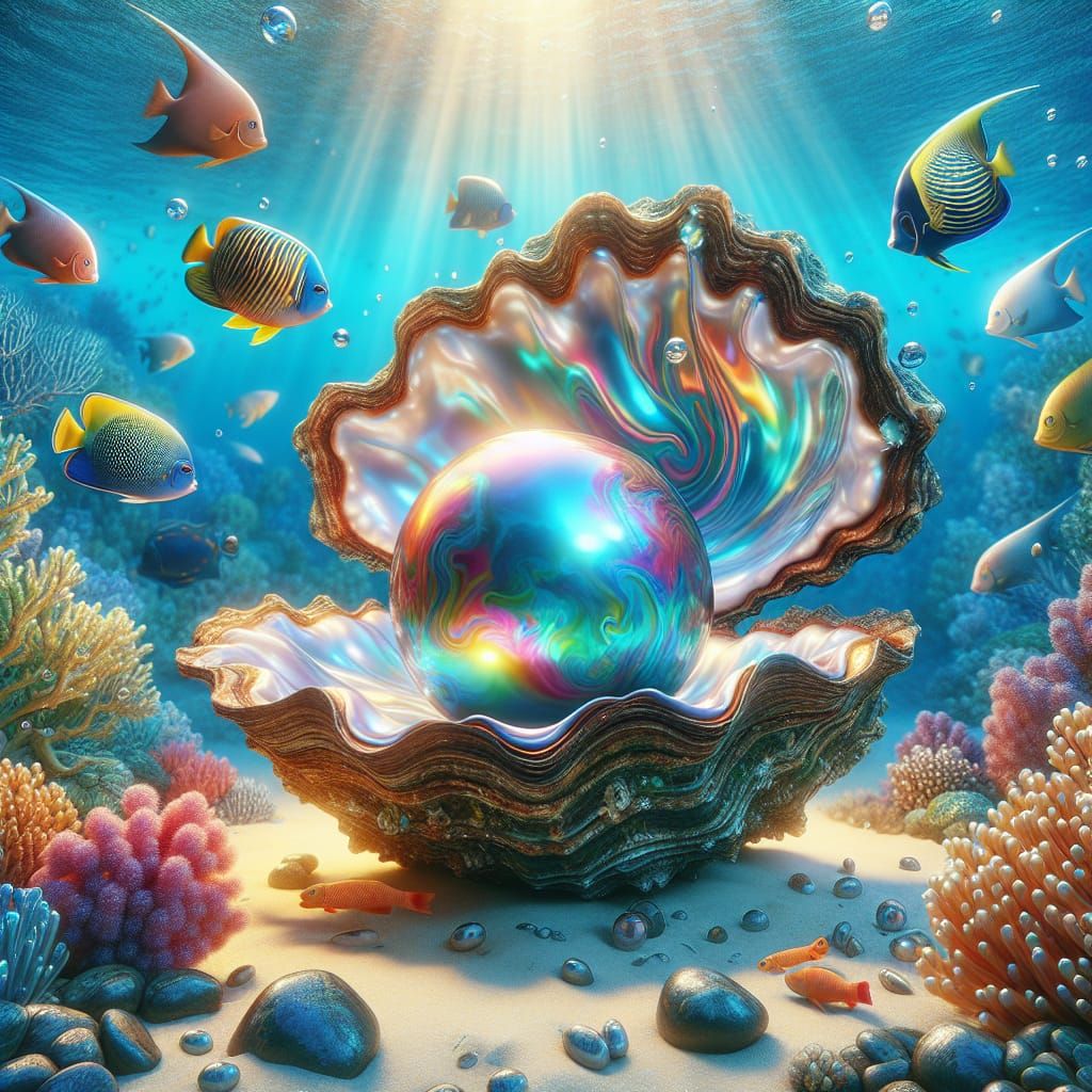 Giant Oyster with pearl inside surrounded by coral reef and reef fish!   by @Timmy Contraros