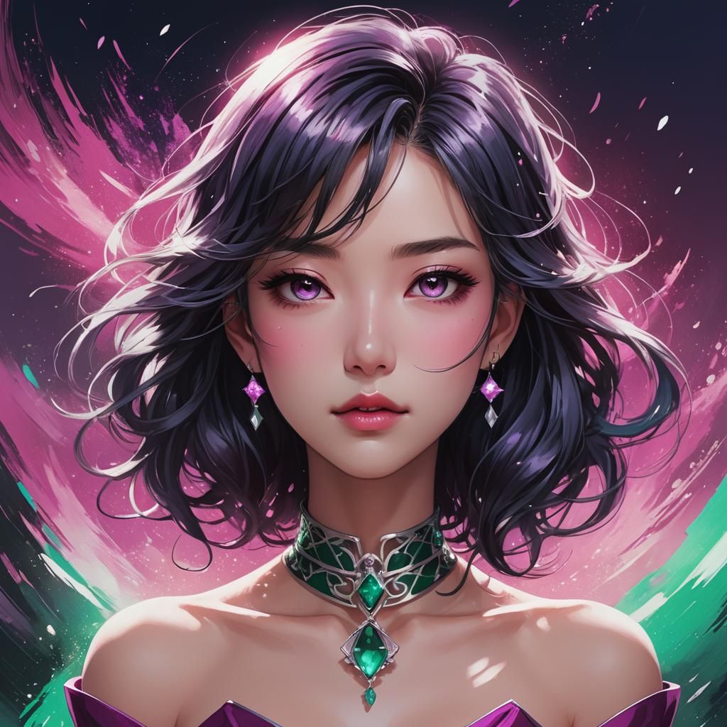 A captivating anime-style bust shot of a young maiden with f...