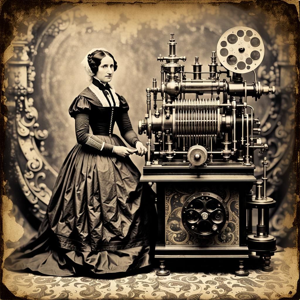 ada lovelace and her machine the analytical engine in daugerreotype style  by @Lorebrarian