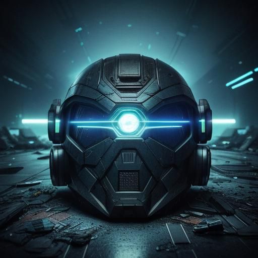 Cyberpunk Helmet Shards on Metallic Floor