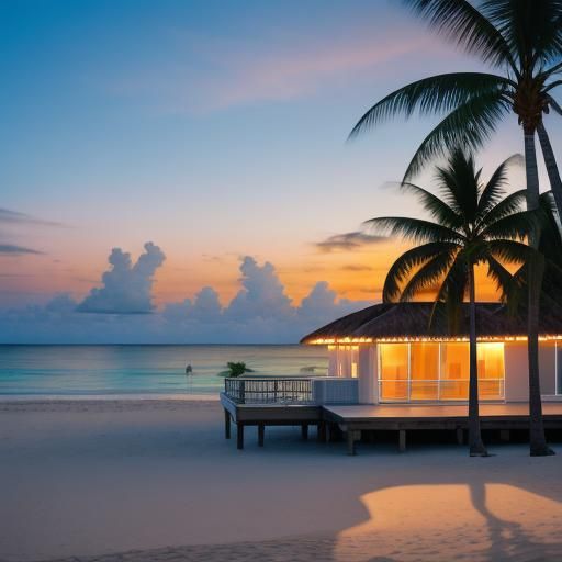 A beautiful wide-angle shot of an aquamarine house in a trop...