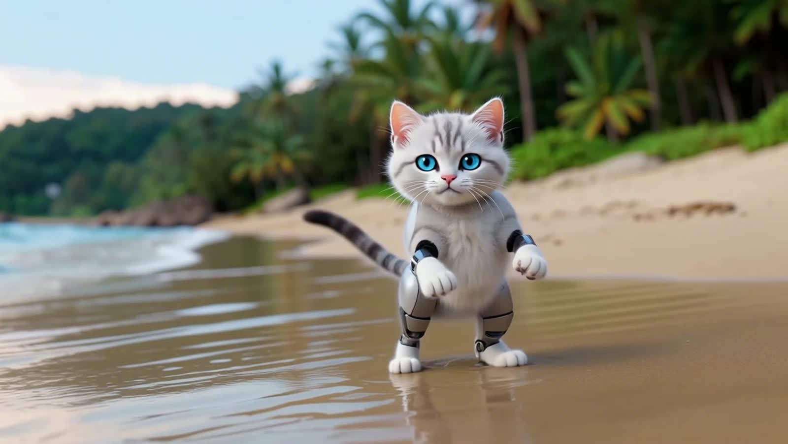 A cyborg kitten thats super cute doing a dance on a beach going into the water and then jumps back onto the sand
