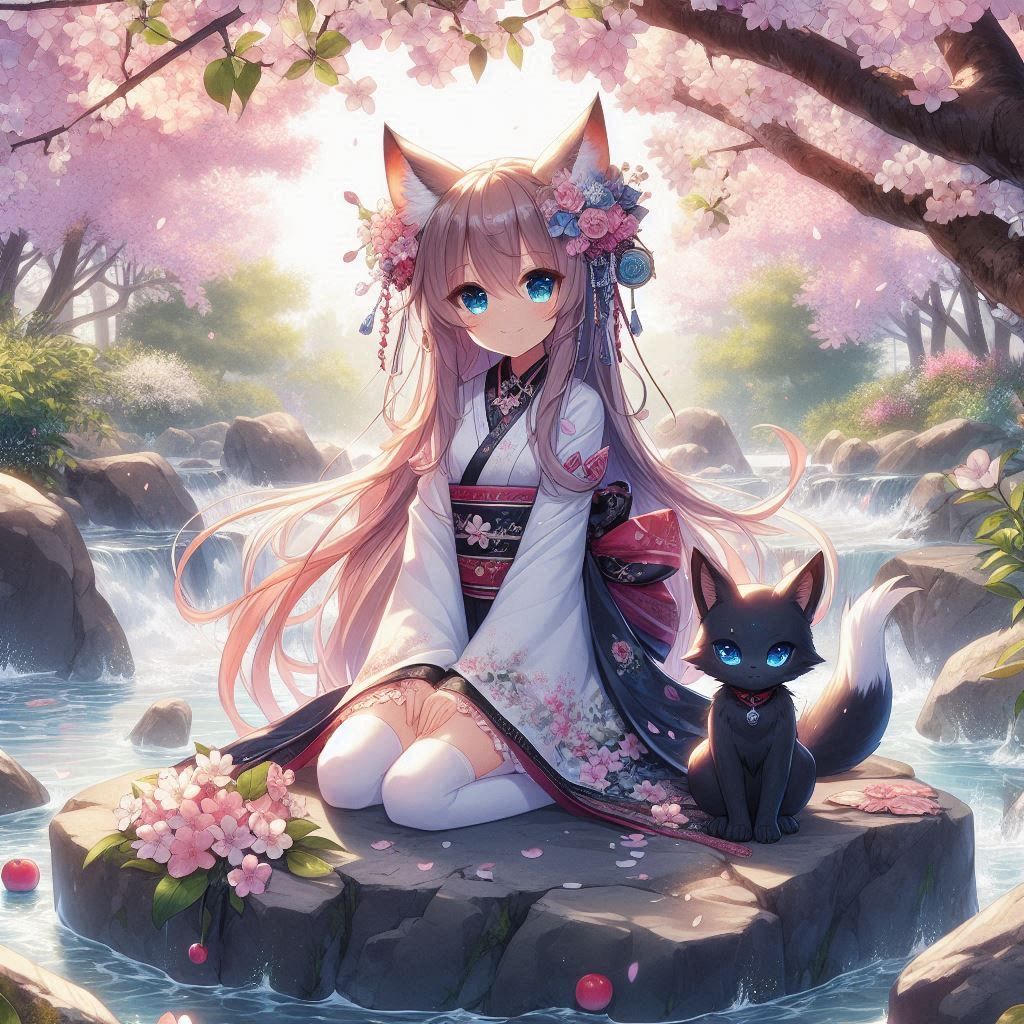 Catgirl and her fox relax by the river by artist DOOFY