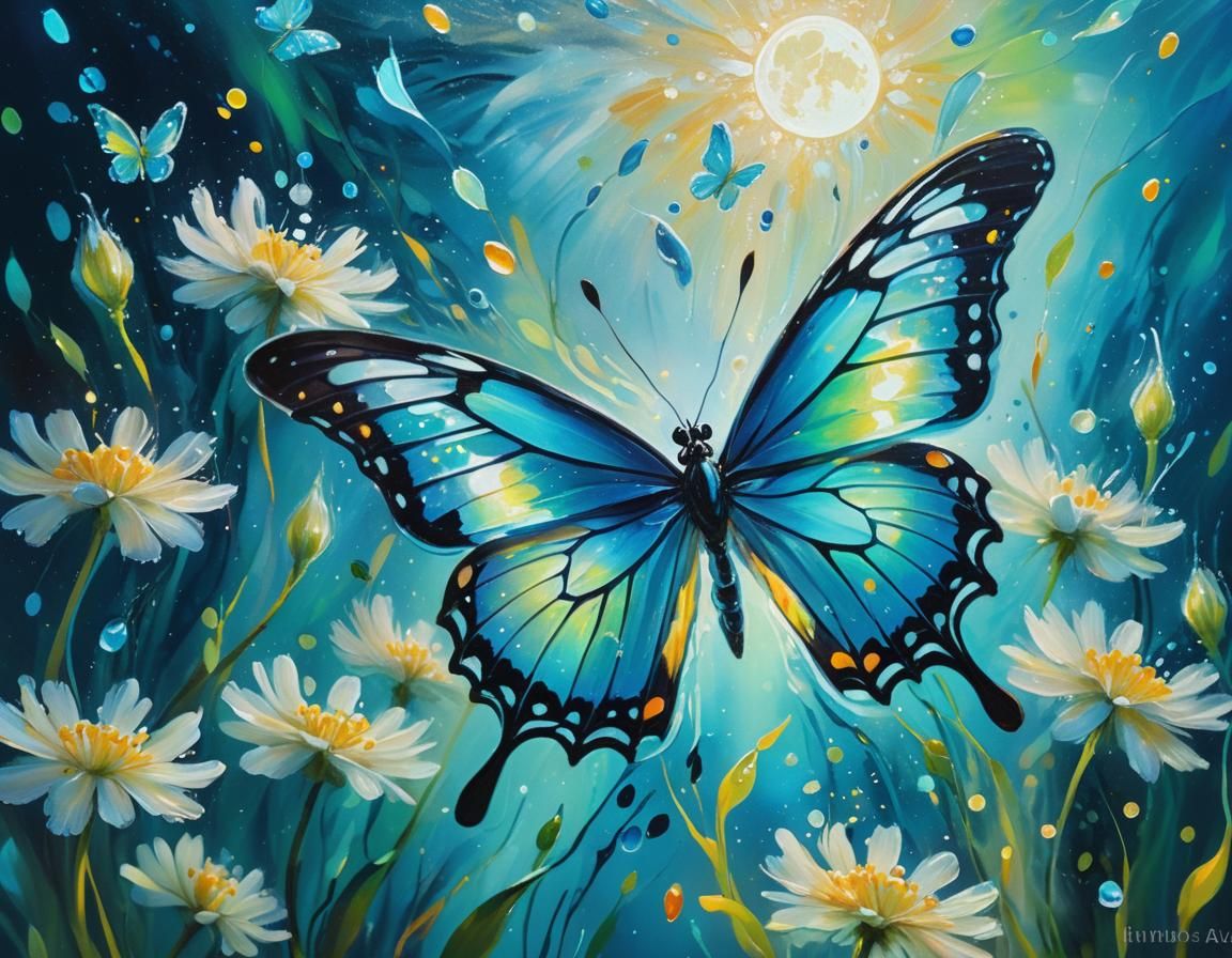 Underwater Bioluminescent Butterfly in Oil Painting Style