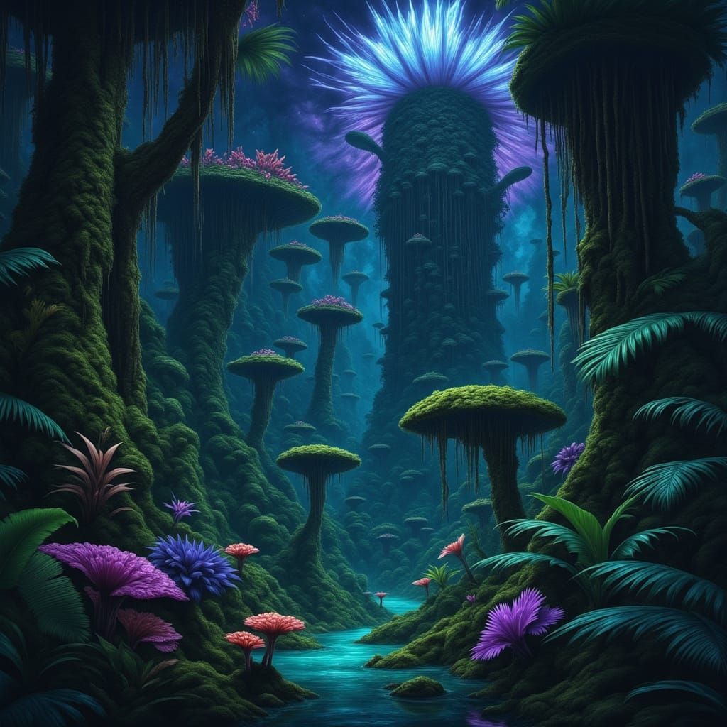 Bioluminescent Jungle Twilight in Dark Fantasy Style