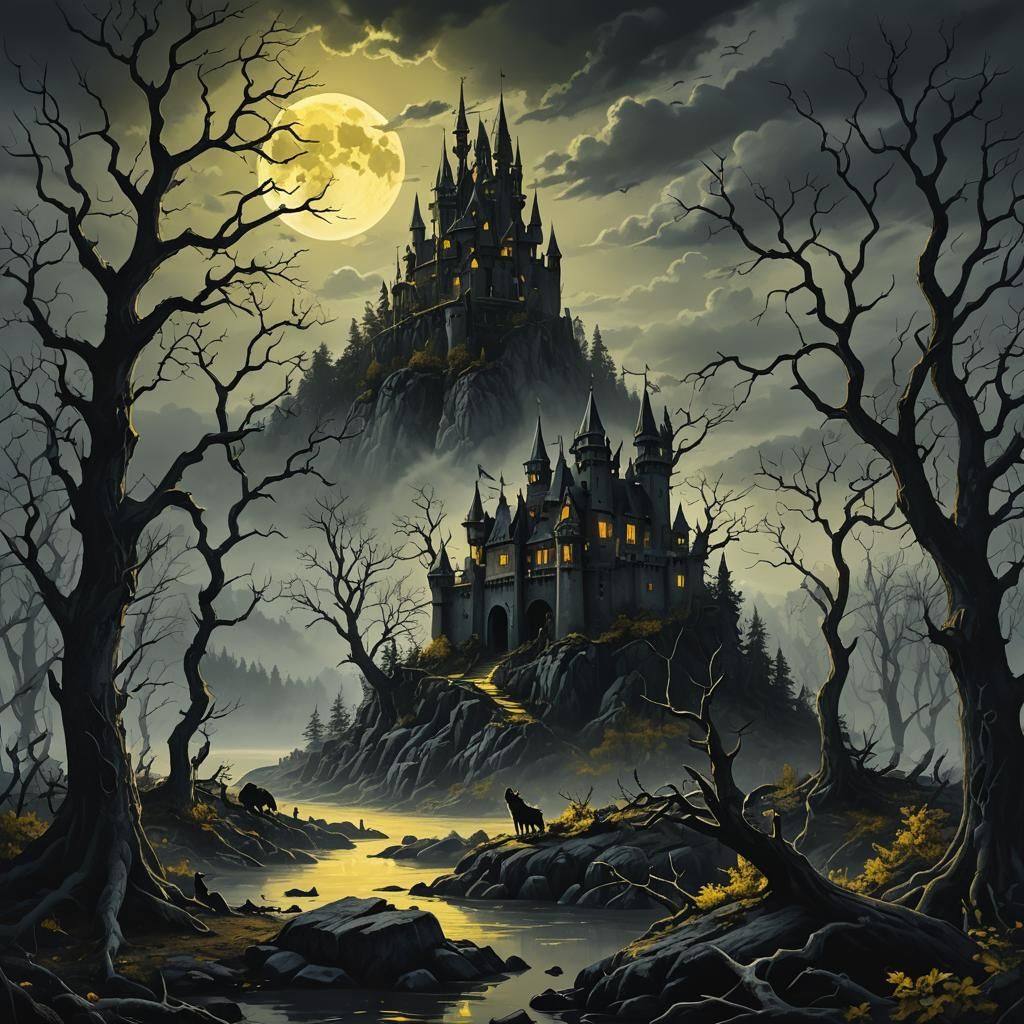 Ominous Castle on Desolate Island: Dark Fantasy Art
