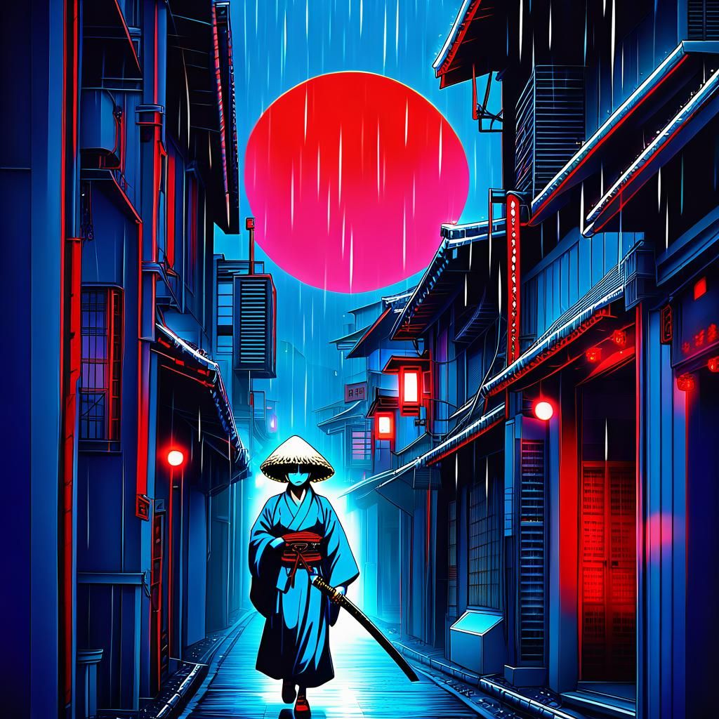 Samurai and katana under red moonlight in a blue and red streetscape ...